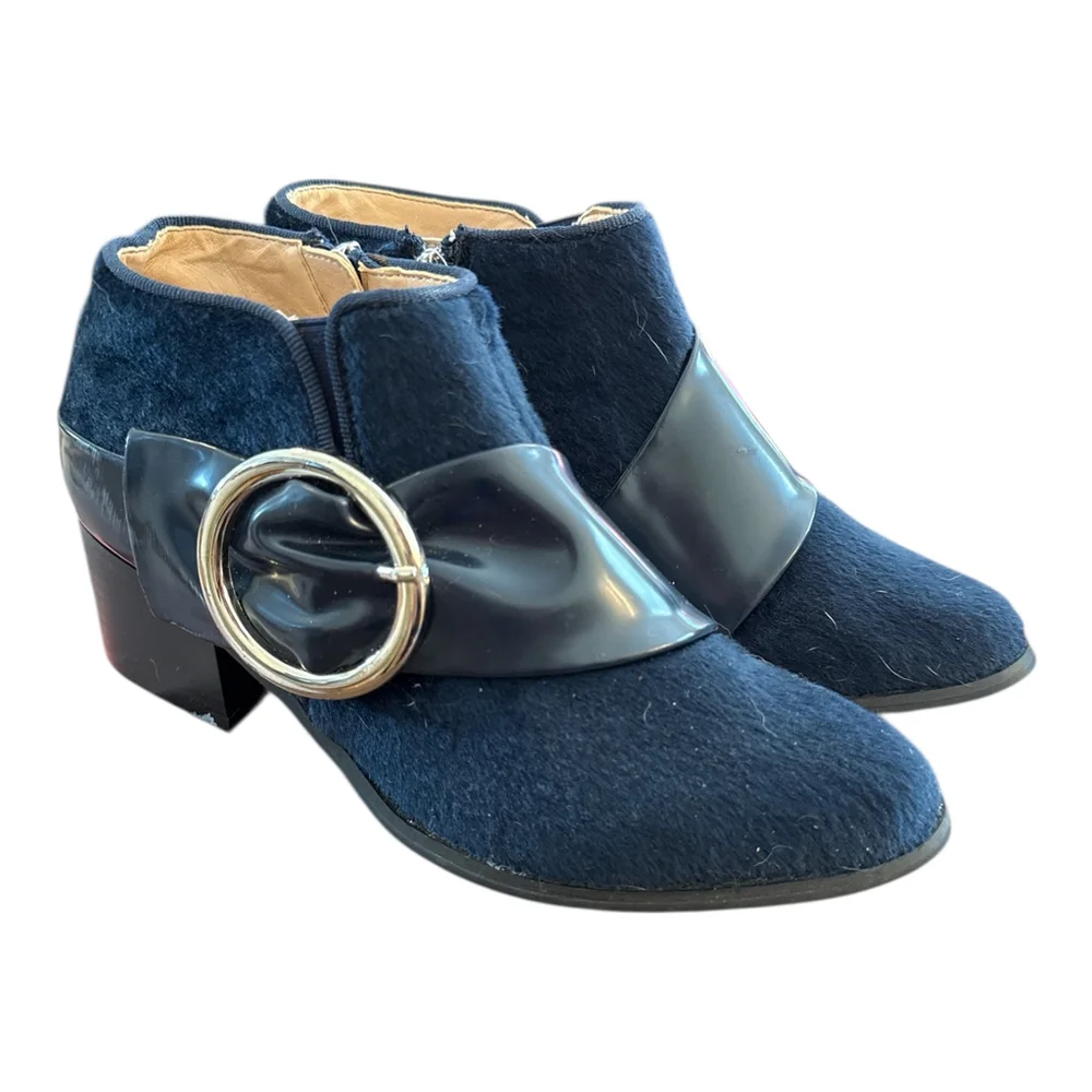 Women's Ankle Boots with Ring Buckle, Navy Blue Suede, Size 7